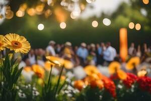 a group of people are standing in front of a flower garden. AI-Generated photo