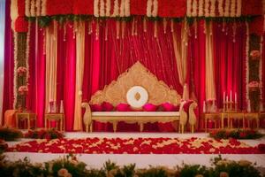 an indian wedding stage decorated with red and gold. AI-Generated photo