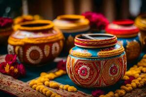 colorful pots with flowers and pom poms on a table. AI-Generated photo