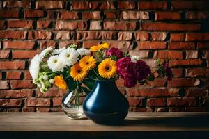 flowers in vases on a table in front of a brick wall. AI-Generated photo