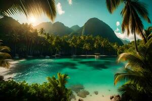 tropical island with palm trees and water. AI-Generated photo