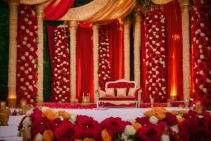 an indian wedding ceremony with red and gold decorations. AI-Generated photo