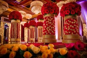 a wedding reception with red and gold decorations. AI-Generated photo