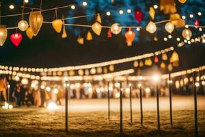 a wedding reception with string lights and lanterns. AI-Generated photo