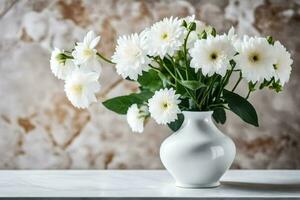 blanco flores en un florero en un mesa. generado por ai foto