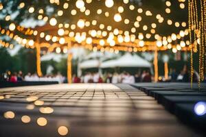 un Boda recepción con luces y cuerda luces. generado por ai foto