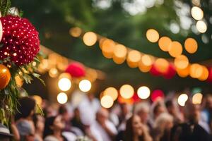 a wedding reception with lights and flowers. AI-Generated photo