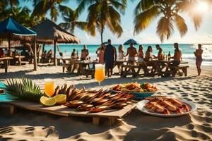 a table with food and drinks on the beach. AI-Generated photo