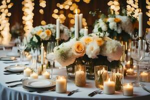 a table with candles and flowers on it. AI-Generated photo