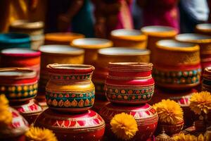 colorful pots and flowers are arranged on a table. AI-Generated photo