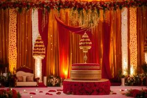 a wedding stage decorated with red and gold decorations. AI-Generated photo