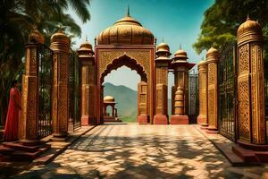 a golden gate with ornate pillars and a red dresser. AI-Generated photo
