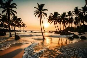 the sun sets over the ocean and palm trees on a beach. AI-Generated photo