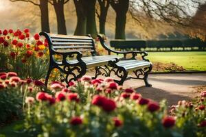 a park bench is surrounded by flowers. AI-Generated photo