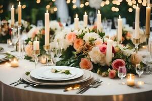 a table with candles and flowers. AI-Generated photo