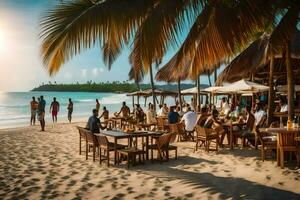 personas son disfrutando el playa a un restaurante. generado por ai foto