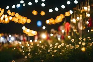 un campo de flores y luces a noche. generado por ai foto