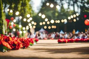 a wedding ceremony with red flowers and lights. AI-Generated photo