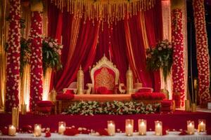 a red and gold wedding ceremony with candles and gold decorations. AI-Generated photo