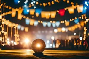 a lighted ball sits on the ground in front of a crowd. AI-Generated photo