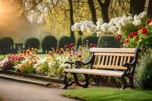 a park bench in front of a garden with flowers. AI-Generated photo