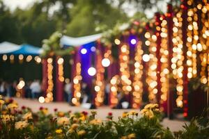 a wedding reception with lights and flowers. AI-Generated photo