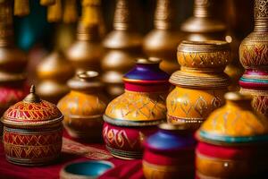 colorful vases are displayed on a table. AI-Generated photo