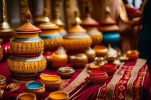 a table with many colorful pots and bowls. AI-Generated photo