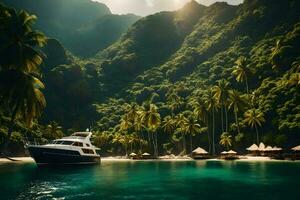 a boat is docked in the middle of a tropical island. AI-Generated photo