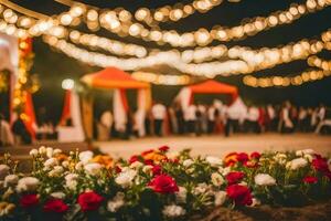 flowers and lights at a wedding. AI-Generated photo