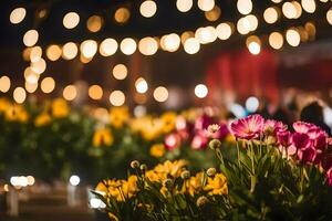 flowers in the night with lights and bokeh. AI-Generated photo