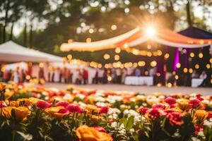 a flower garden with lights and people at an outdoor wedding. AI-Generated photo