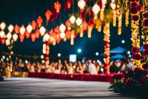 a wedding ceremony with red lanterns and flowers. AI-Generated photo