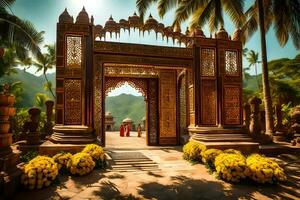 an ornate entrance to a temple with palm trees. AI-Generated photo