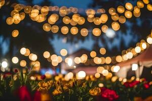 a field of flowers with lights and bokeh. AI-Generated photo