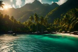 the sun shines over a tropical island with palm trees. AI-Generated photo