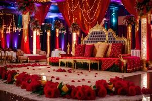 an indian wedding reception with red and gold decor. AI-Generated photo