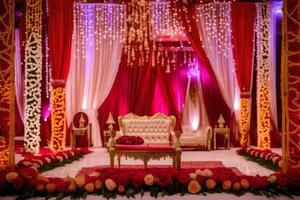 an indian wedding ceremony with red and gold decorations. AI-Generated photo