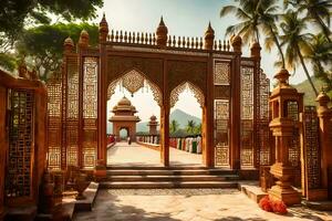 an ornate wooden gate with palm trees in the background. AI-Generated photo