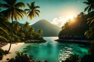 el Dom brilla terminado un tropical playa y palma arboles generado por ai foto