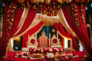 the wedding ceremony was held in a grand hall with a red carpet and gold drapes. AI-Generated photo