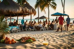 a beach with people sitting at tables and eating food. AI-Generated photo