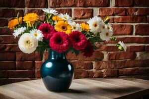 a vase of flowers on a table in front of a brick wall. AI-Generated photo