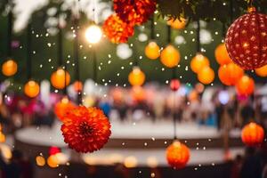 many colorful paper lanterns hanging from the trees. AI-Generated photo