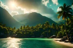 tropical beach with palm trees and mountains. AI-Generated photo