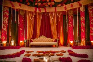 an indian wedding stage decorated with red and orange flowers. AI-Generated photo