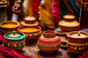 indian wedding ceremony with pots and bowls. AI-Generated photo