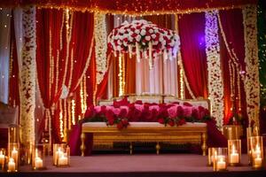 a wedding stage decorated with red and white flowers. AI-Generated photo