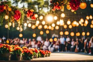 a wedding ceremony with flowers and lights. AI-Generated photo