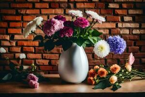 a vase with flowers on a table in front of a brick wall. AI-Generated photo